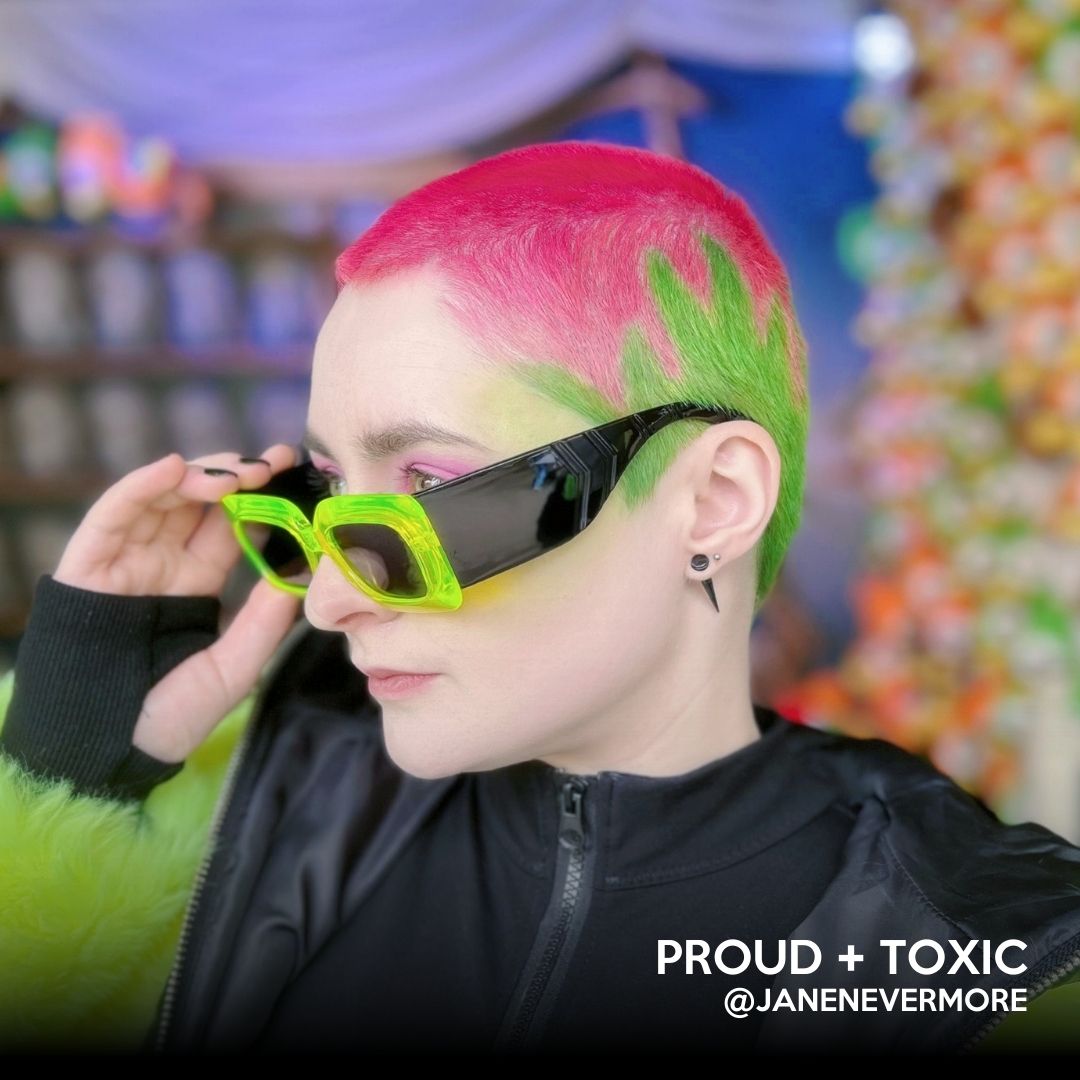Pink and green slime buzzcut hair dye inspiration